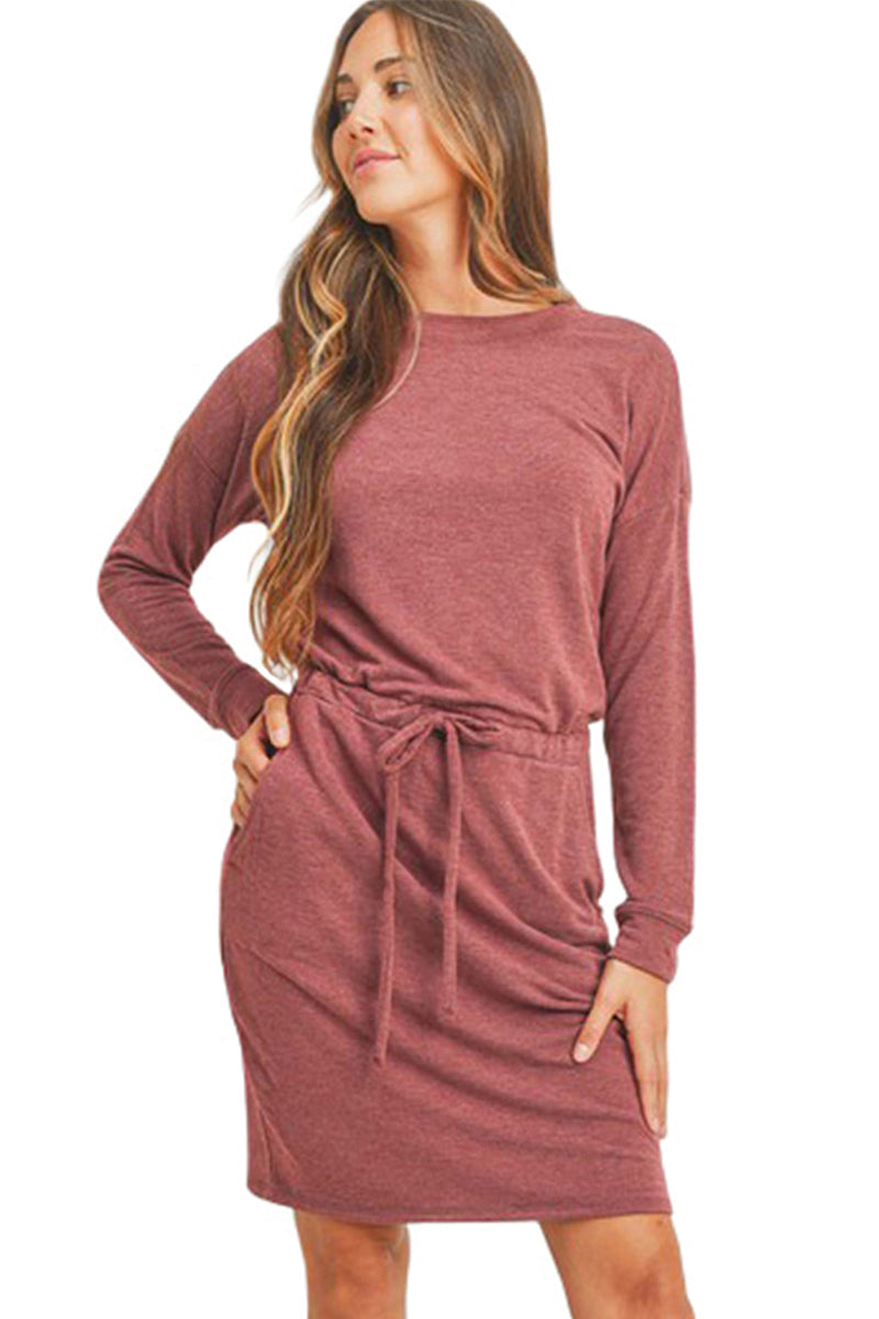 French Terry Long Sleeve Dress with Drawstring