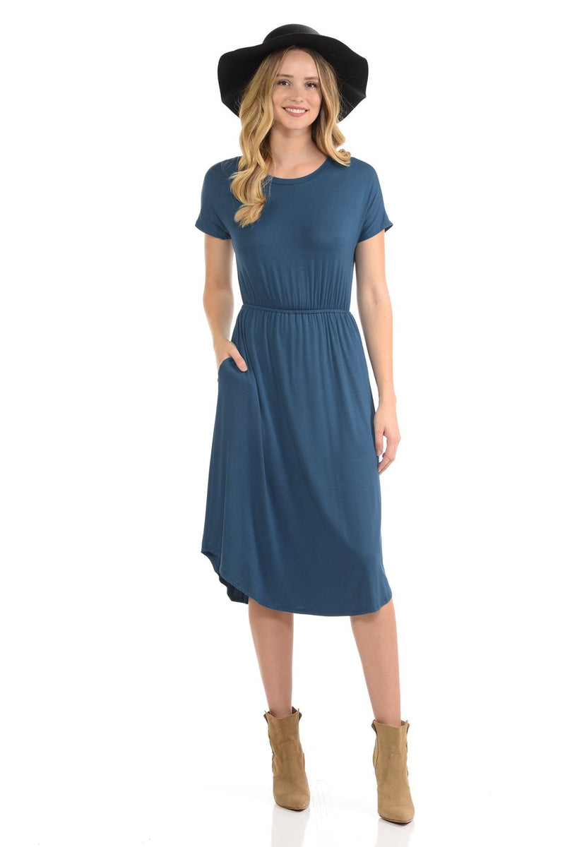 Short Sleeve Flare Midi Dress with Pockets Solid