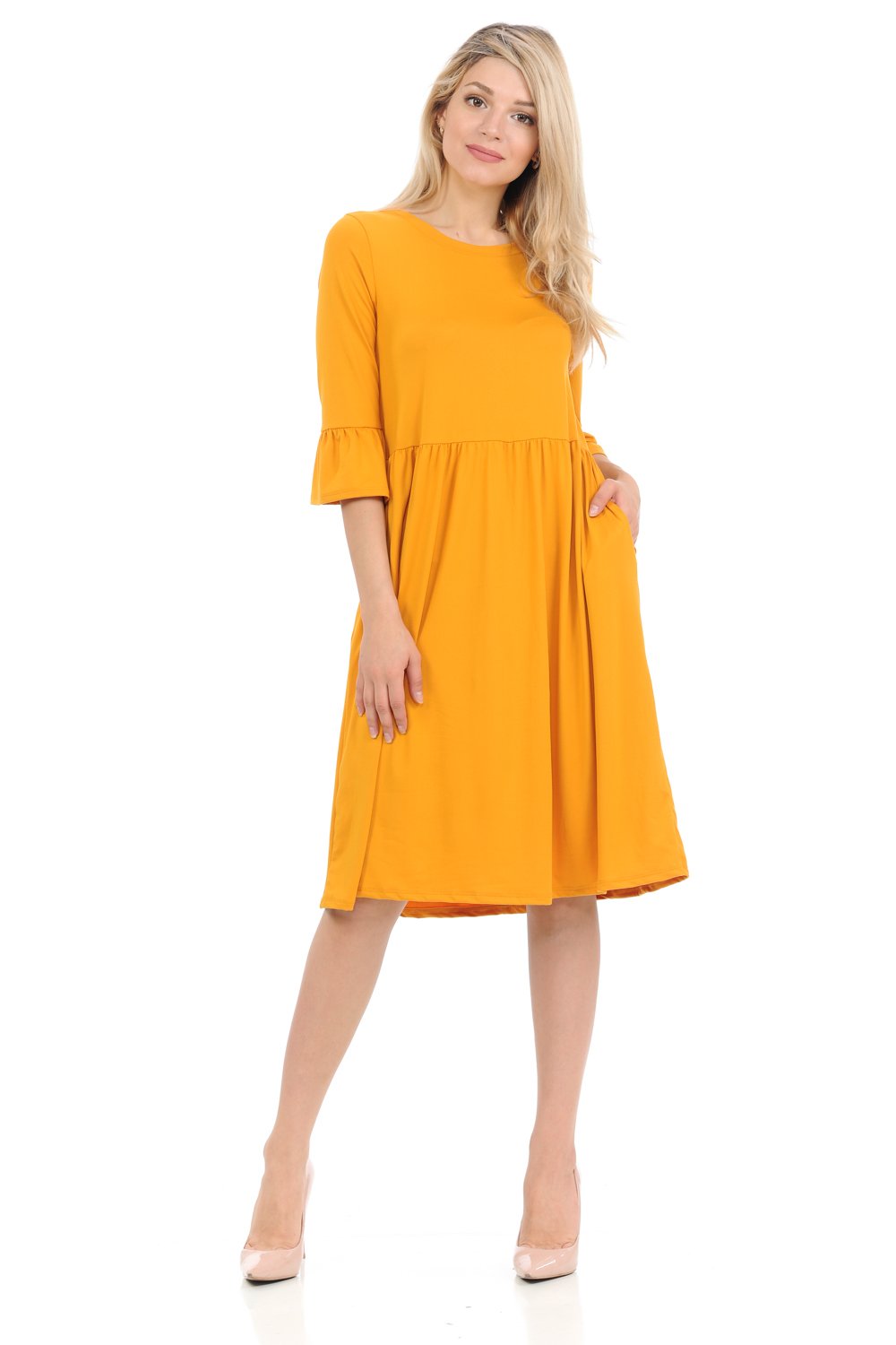 Babydoll Midi Dress with Ruffle Sleeve and Side Pockets