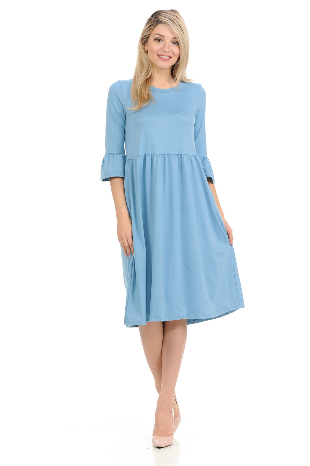 Babydoll Midi Dress with Ruffle Sleeve and Side Pockets