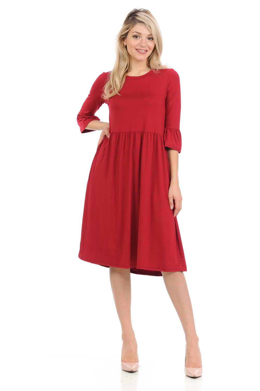 Babydoll Midi Dress with Ruffle Sleeve and Side Pockets