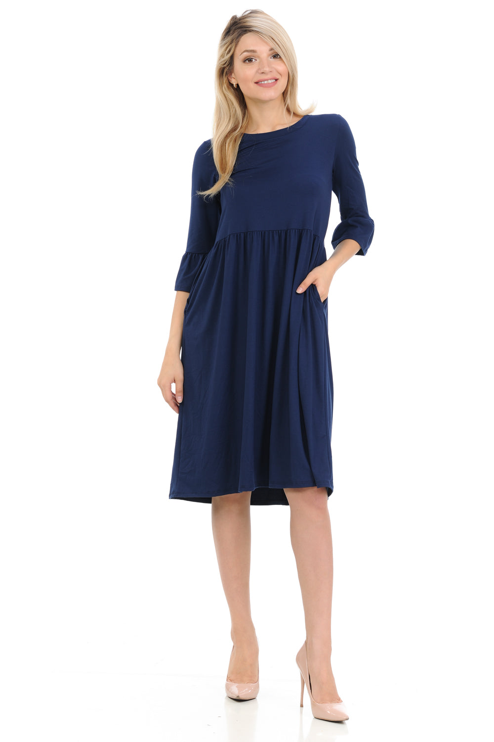 Babydoll Midi Dress with Ruffle Sleeve and Side Pockets