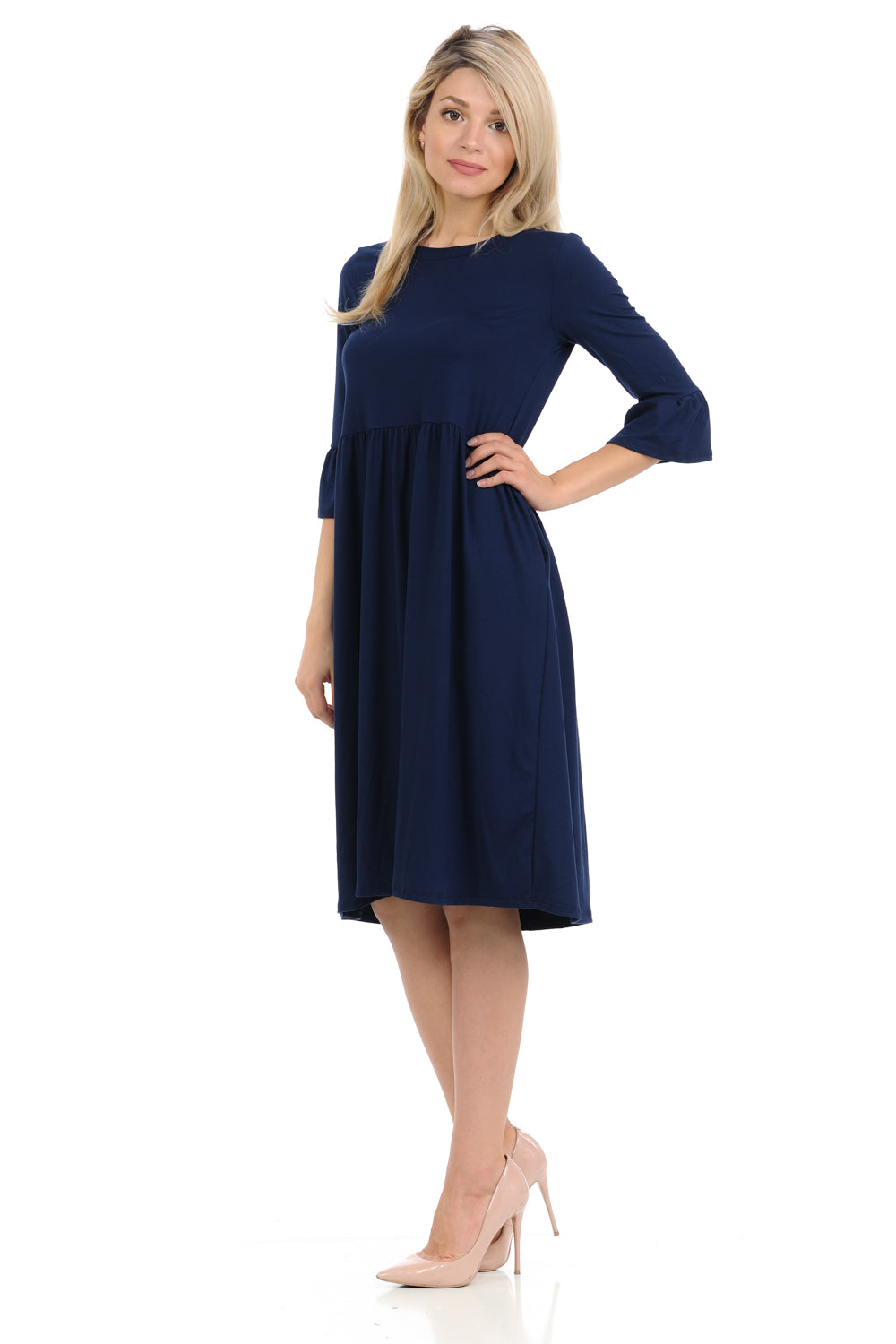 Babydoll Midi Dress with Ruffle Sleeve and Side Pockets