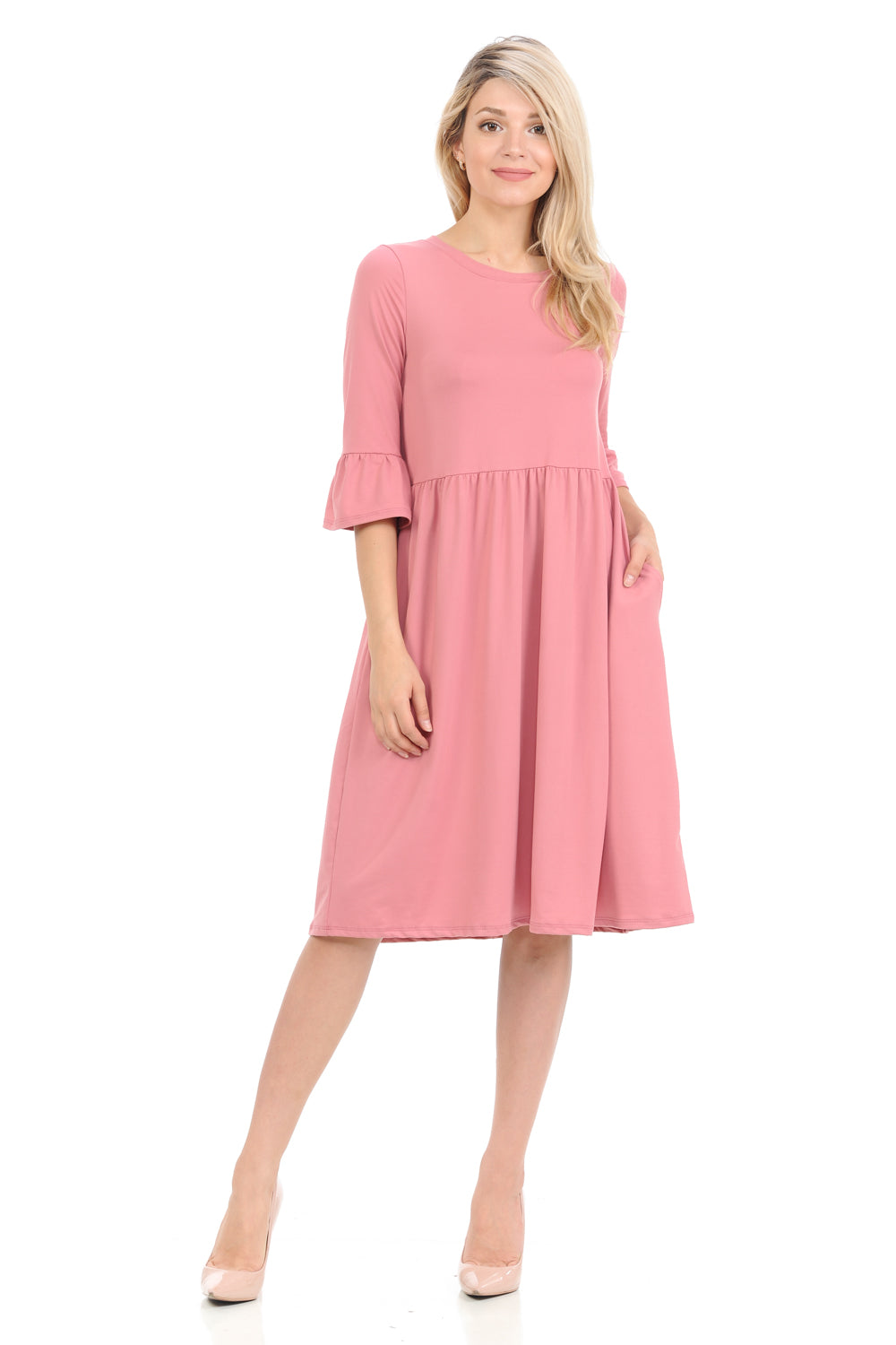 Babydoll Midi Dress with Ruffle Sleeve and Side Pockets