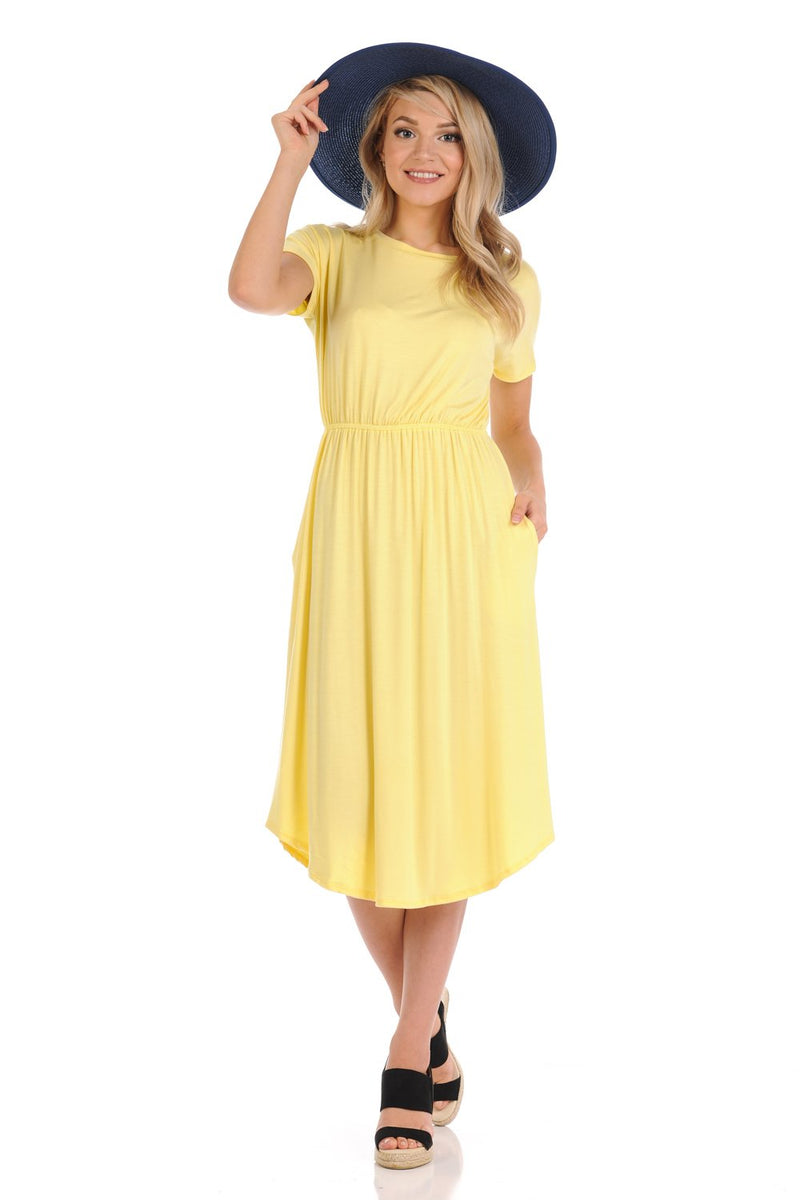 Short Sleeve Flare Midi Dress with Pockets Solid