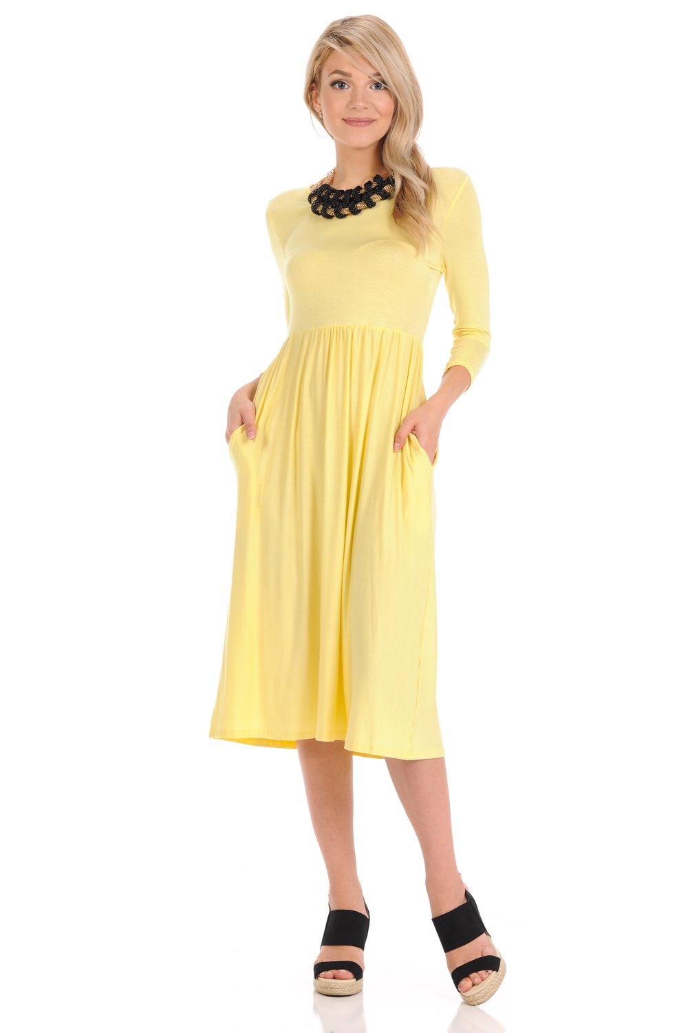 Fit and Flare Midi Dress with Pockets in Solid