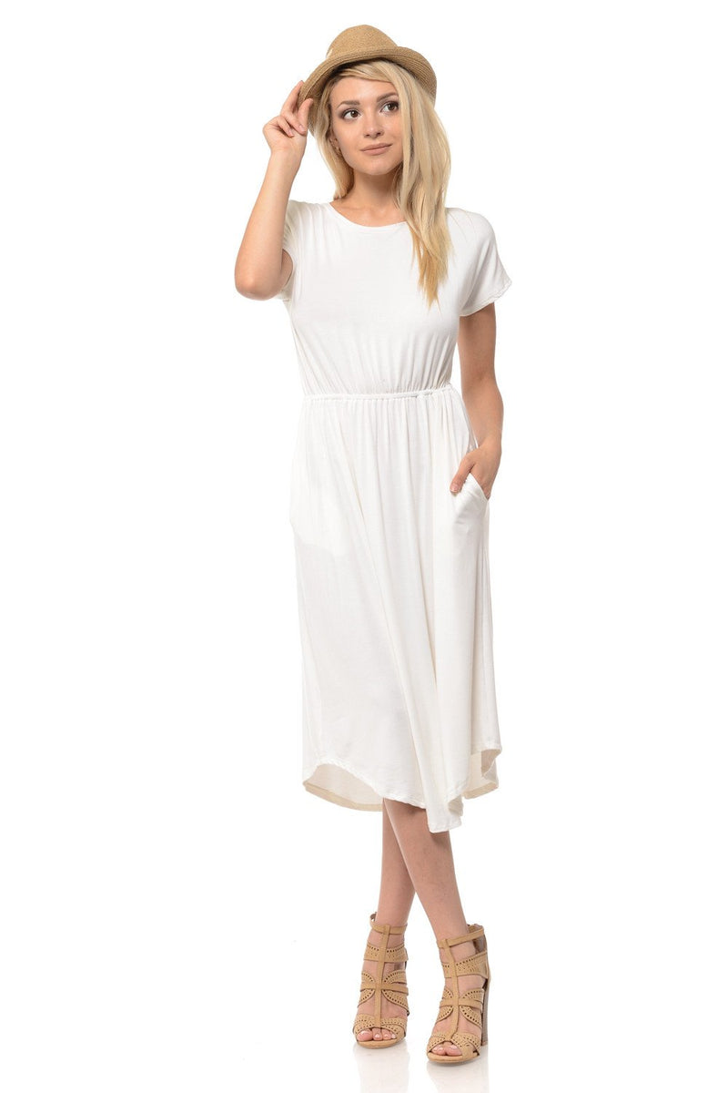 Short Sleeve Flare Midi Dress with Pockets Solid