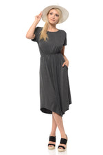 Short Sleeve Flare Midi Dress with Pockets Solid