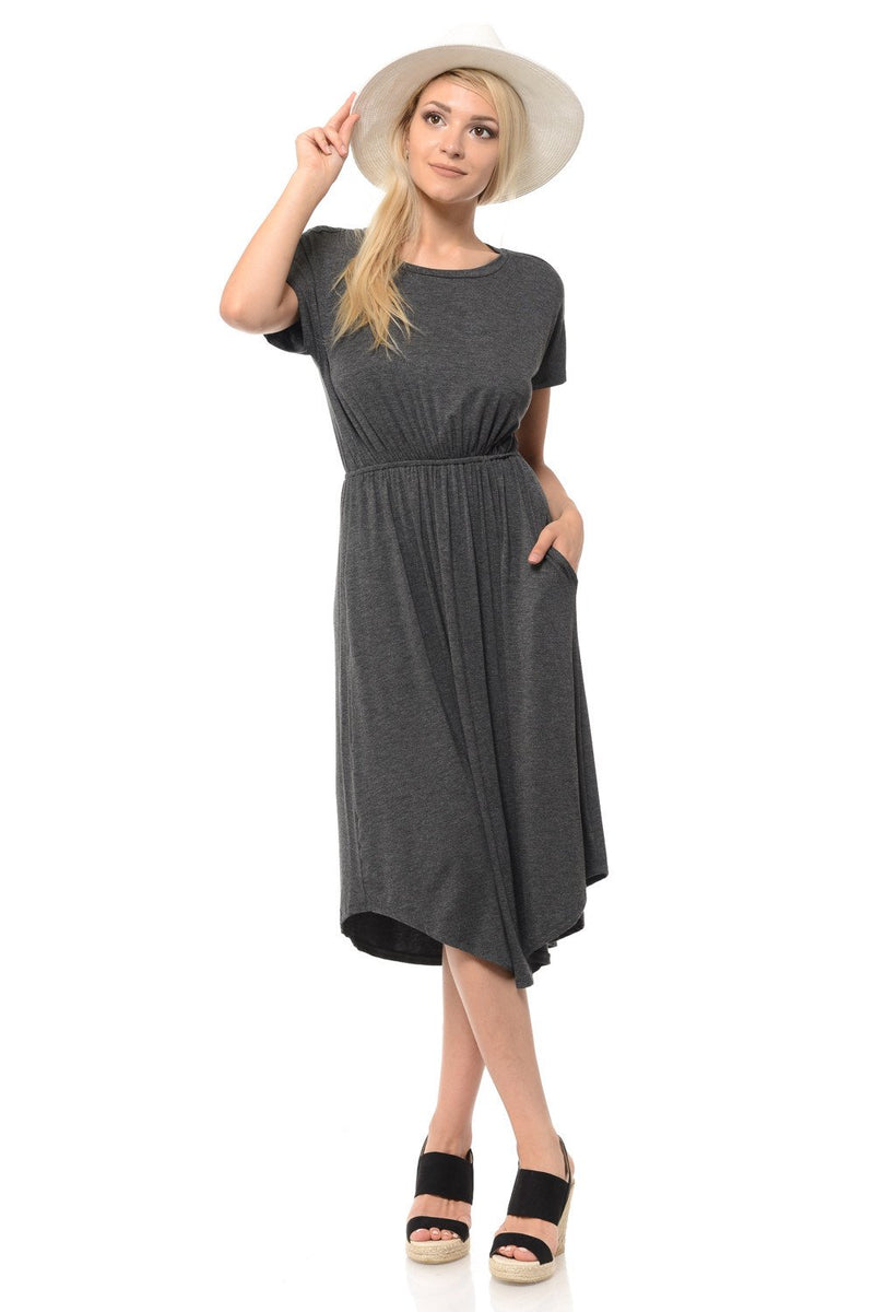 Short Sleeve Flare Midi Dress with Pockets Solid