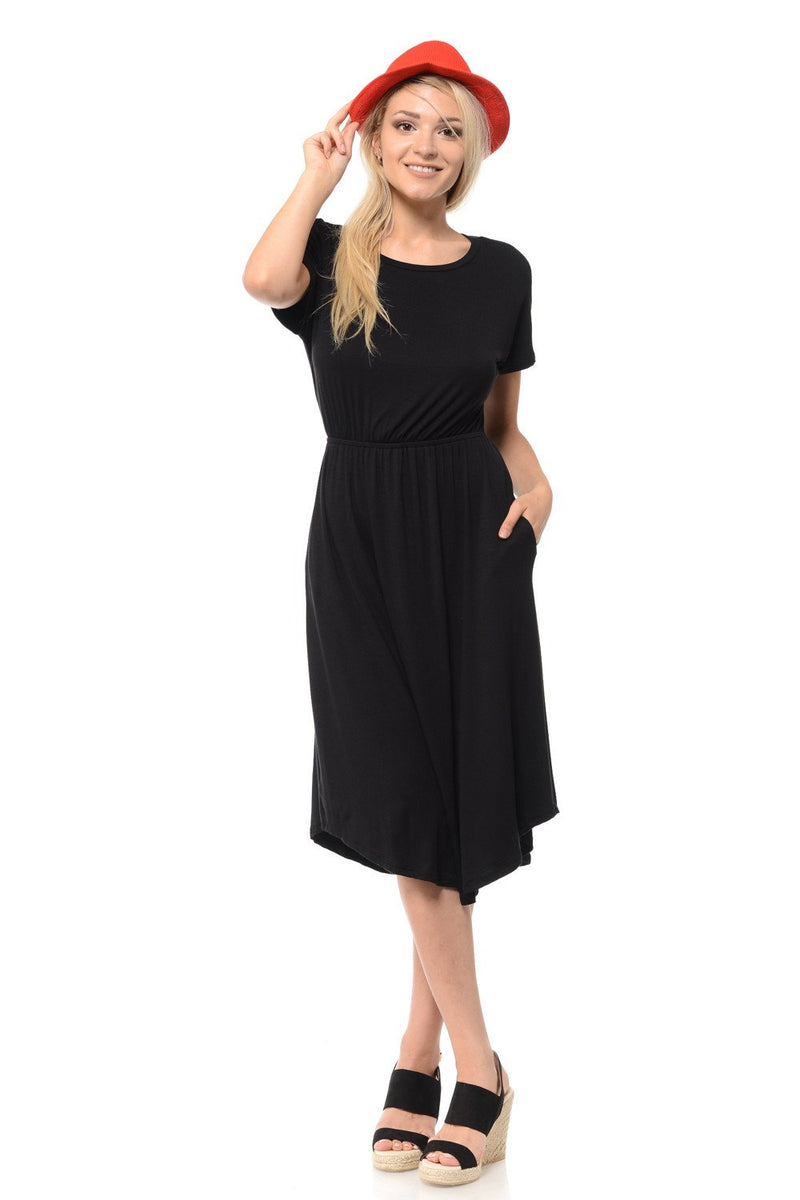 Short Sleeve Flare Midi Dress with Pockets Solid