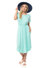 Short Sleeve Flare Midi Dress with Pockets Solid