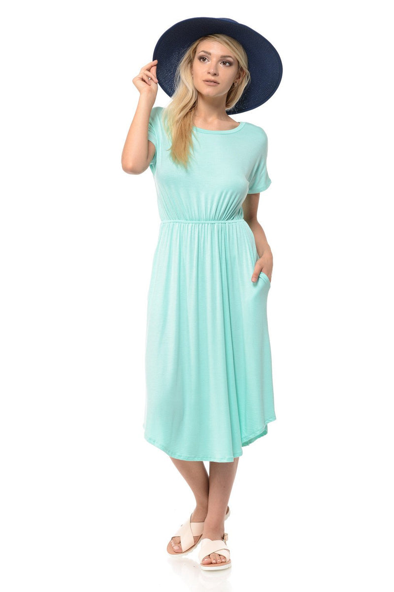 Short Sleeve Flare Midi Dress with Pockets Solid