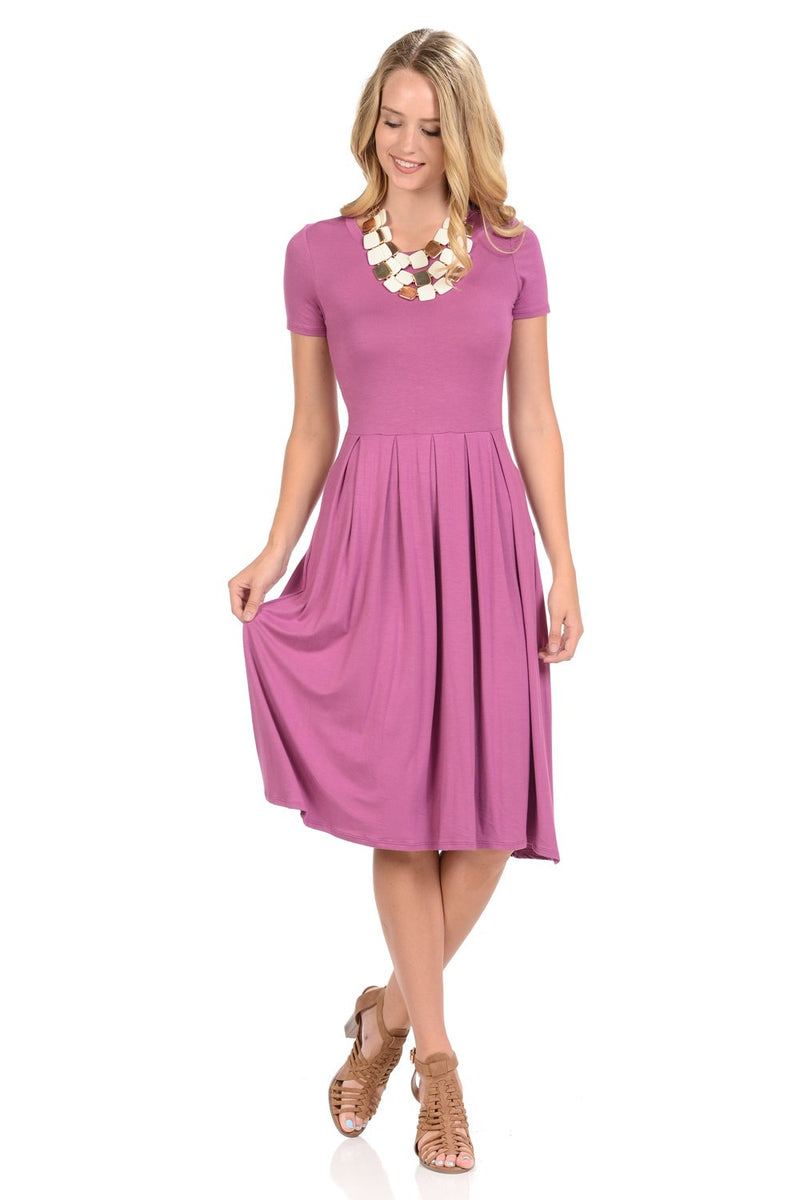 Short Sleeve Pleated Midi Dress with Pockets
