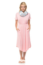 Short Sleeve Flare Midi Dress with Pockets Solid