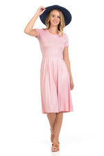 Short Sleeve Pleated Midi Dress with Pockets