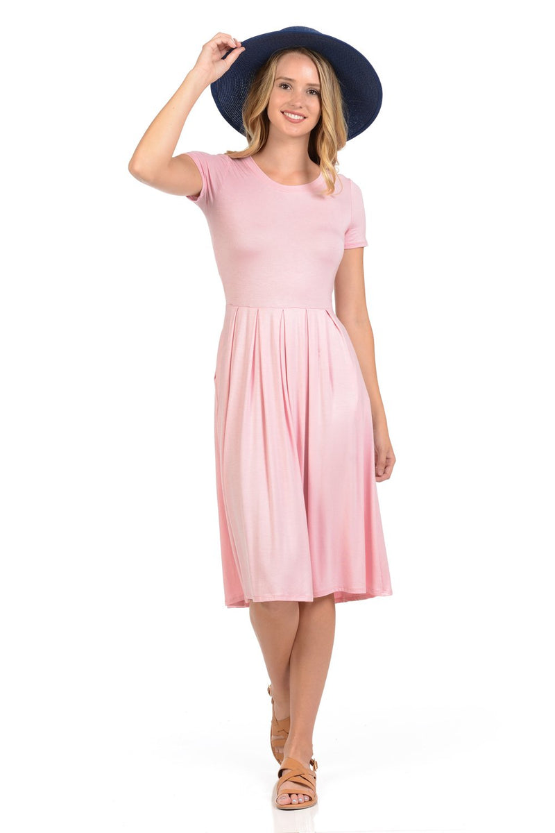 Short Sleeve Pleated Midi Dress with Pockets