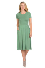 Short Sleeve Pleated Midi Dress with Pockets