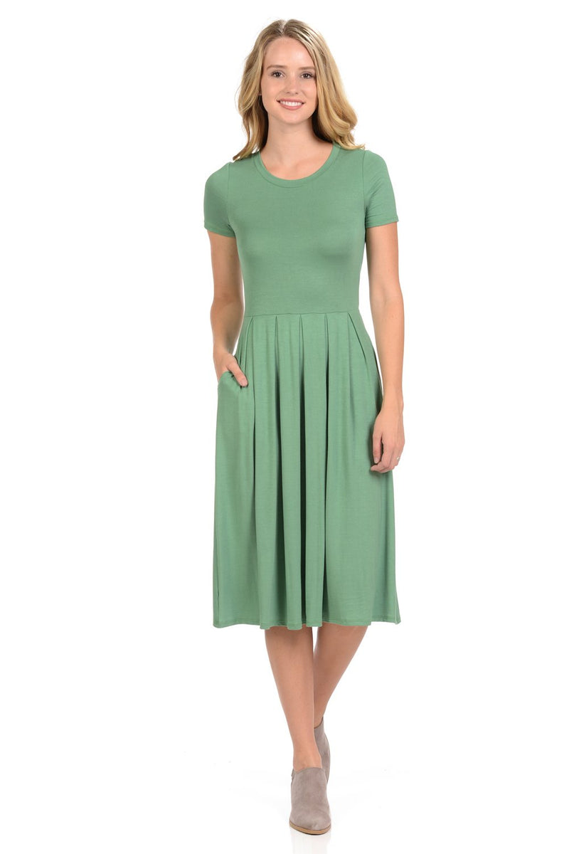 Short Sleeve Pleated Midi Dress with Pockets