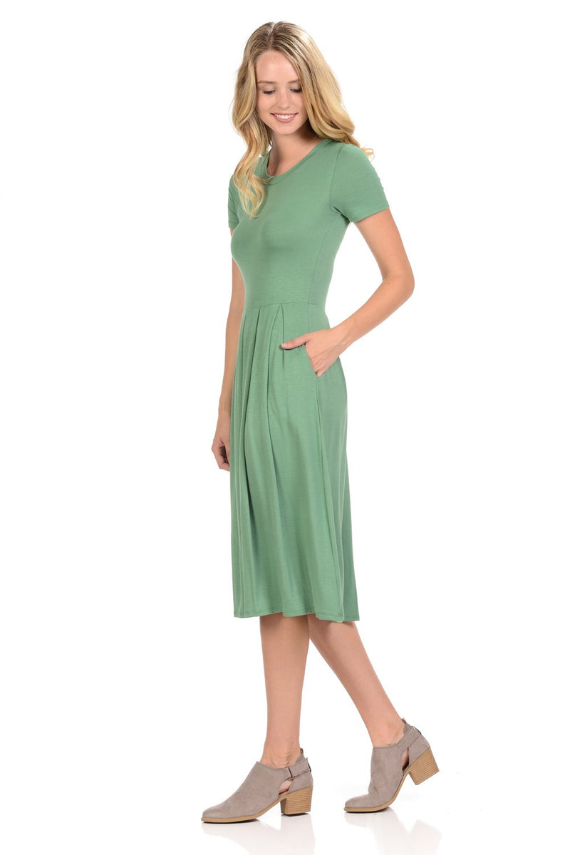 Short Sleeve Pleated Midi Dress with Pockets