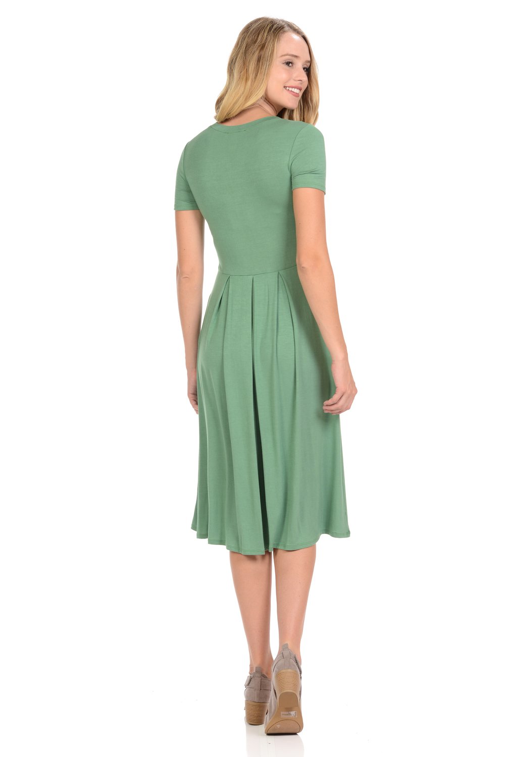 Short Sleeve Pleated Midi Dress with Pockets
