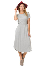 Short Sleeve Flare Midi Dress with Pockets Solid