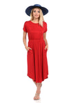 Short Sleeve Flare Midi Dress with Pockets Solid