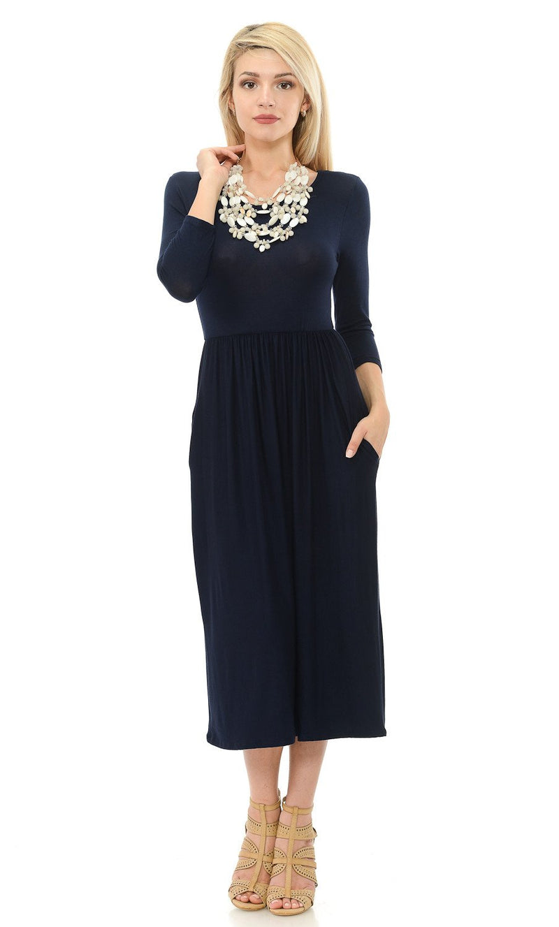 Fit and Flare Midi Dress with Pockets in Solid