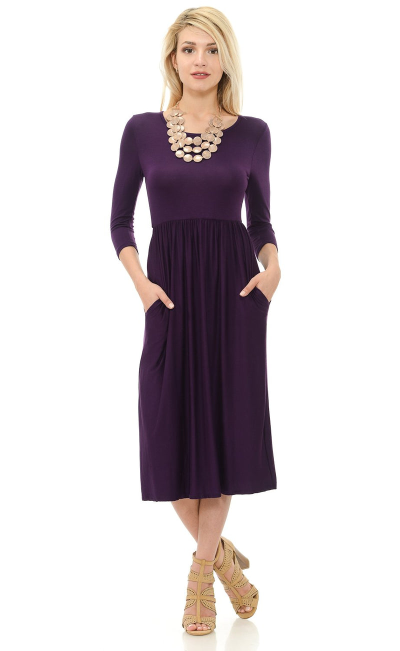 Fit and Flare Midi Dress with Pockets in Solid