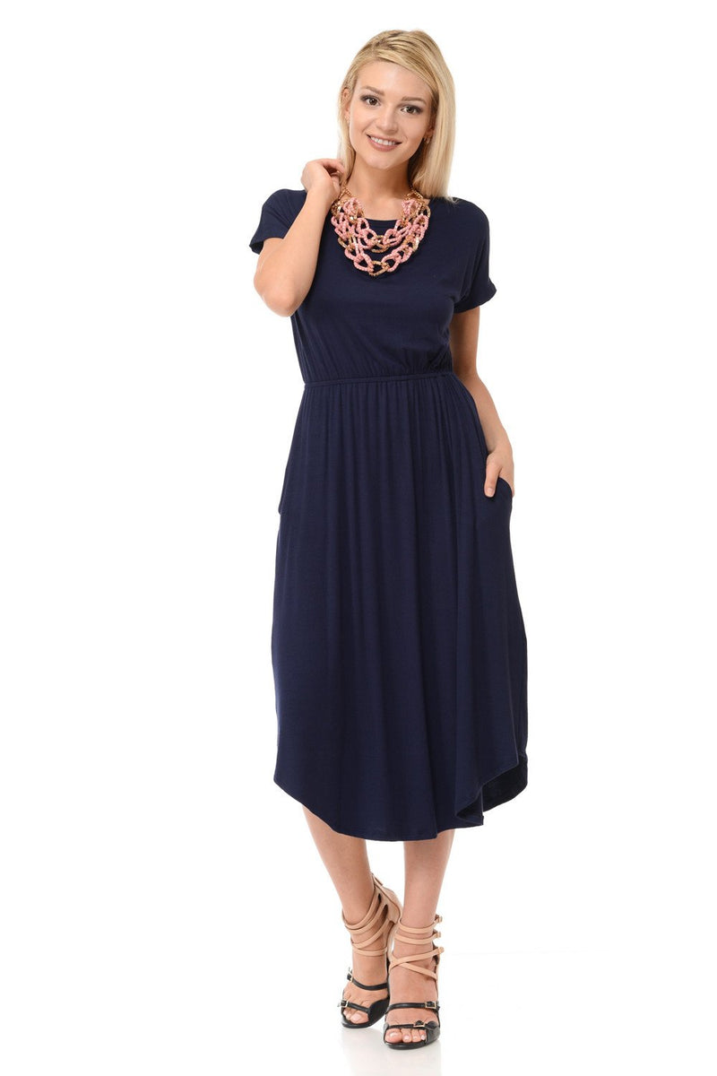 Short Sleeve Flare Midi Dress with Pockets Solid