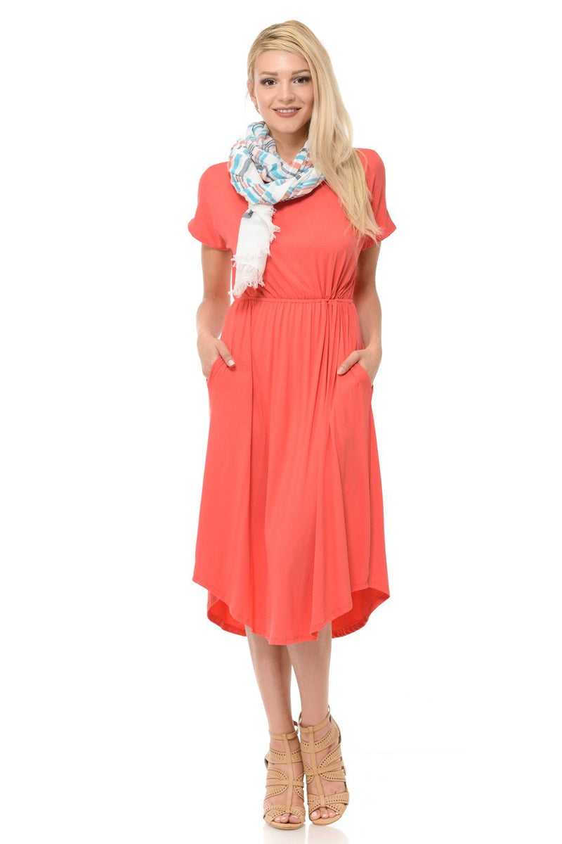Short Sleeve Flare Midi Dress with Pockets Solid