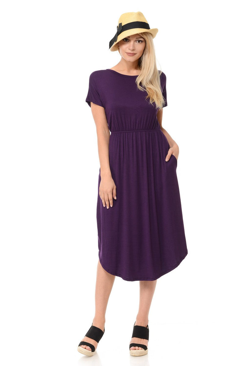 Short Sleeve Flare Midi Dress with Pockets Solid