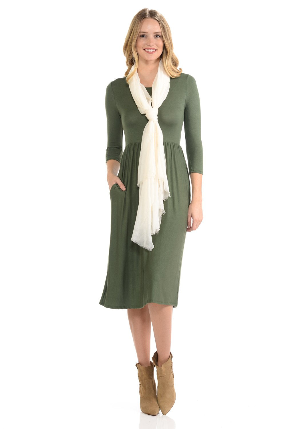 Fit and Flare Midi Dress with Pockets in Solid