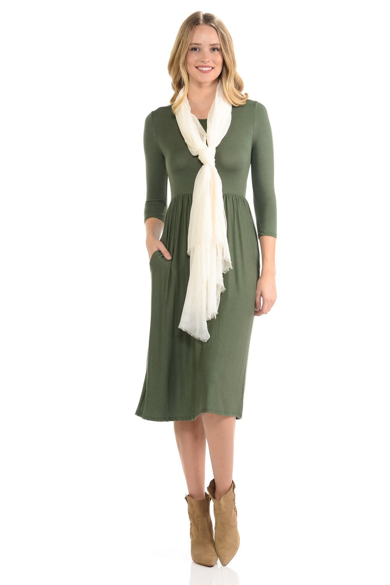 Fit and Flare Midi Dress with Pockets in Solid