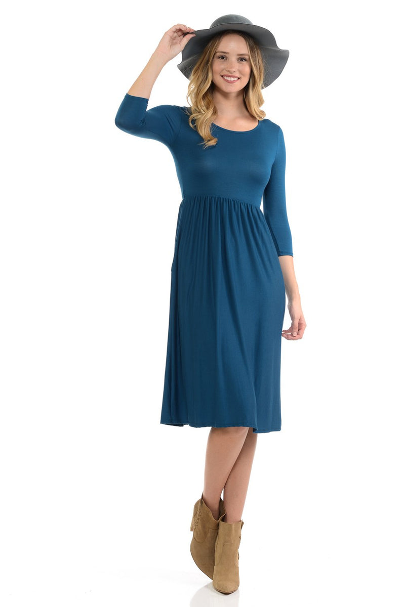 Fit and Flare Midi Dress with Pockets in Solid