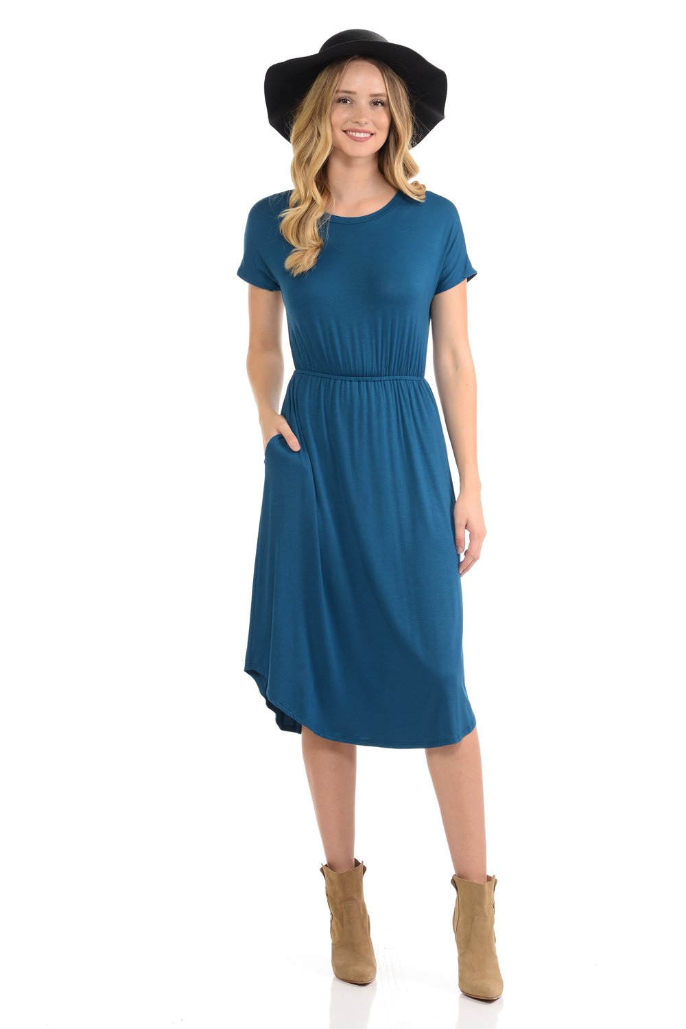 Short Sleeve Flare Midi Dress with Pockets Solid