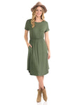 Short Sleeve Flare Midi Dress with Pockets Solid