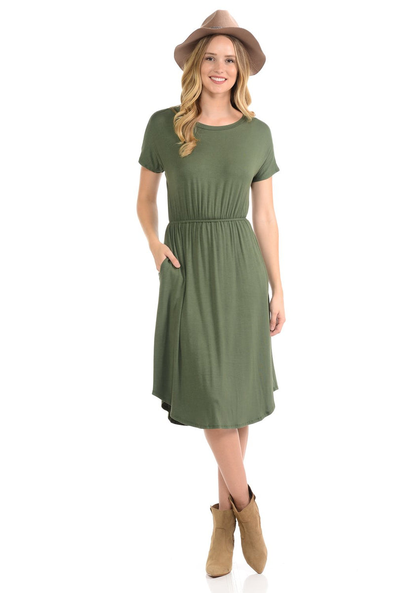 Short Sleeve Flare Midi Dress with Pockets Solid