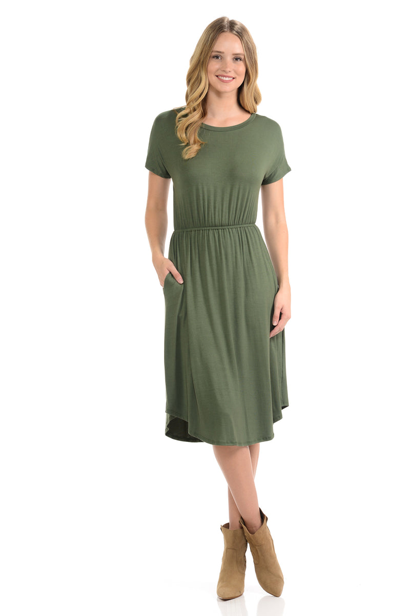 Short Sleeve Flare Midi Dress with Pockets Solid