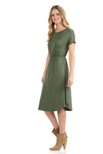 Short Sleeve Flare Midi Dress with Pockets Solid