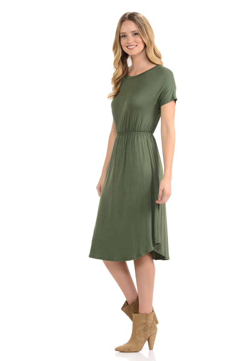 Short Sleeve Flare Midi Dress with Pockets Solid