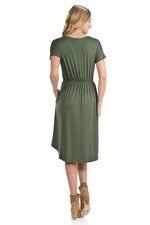 Short Sleeve Flare Midi Dress with Pockets Solid