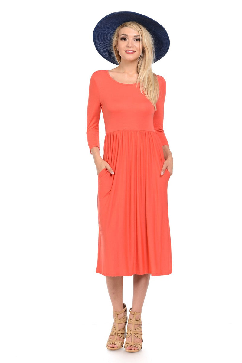 Fit and Flare Midi Dress with Pockets in Solid