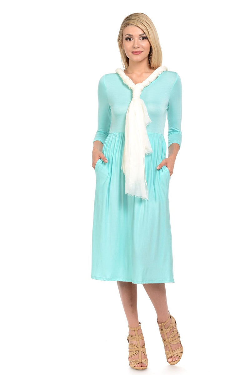 Fit and Flare Midi Dress with Pockets in Solid