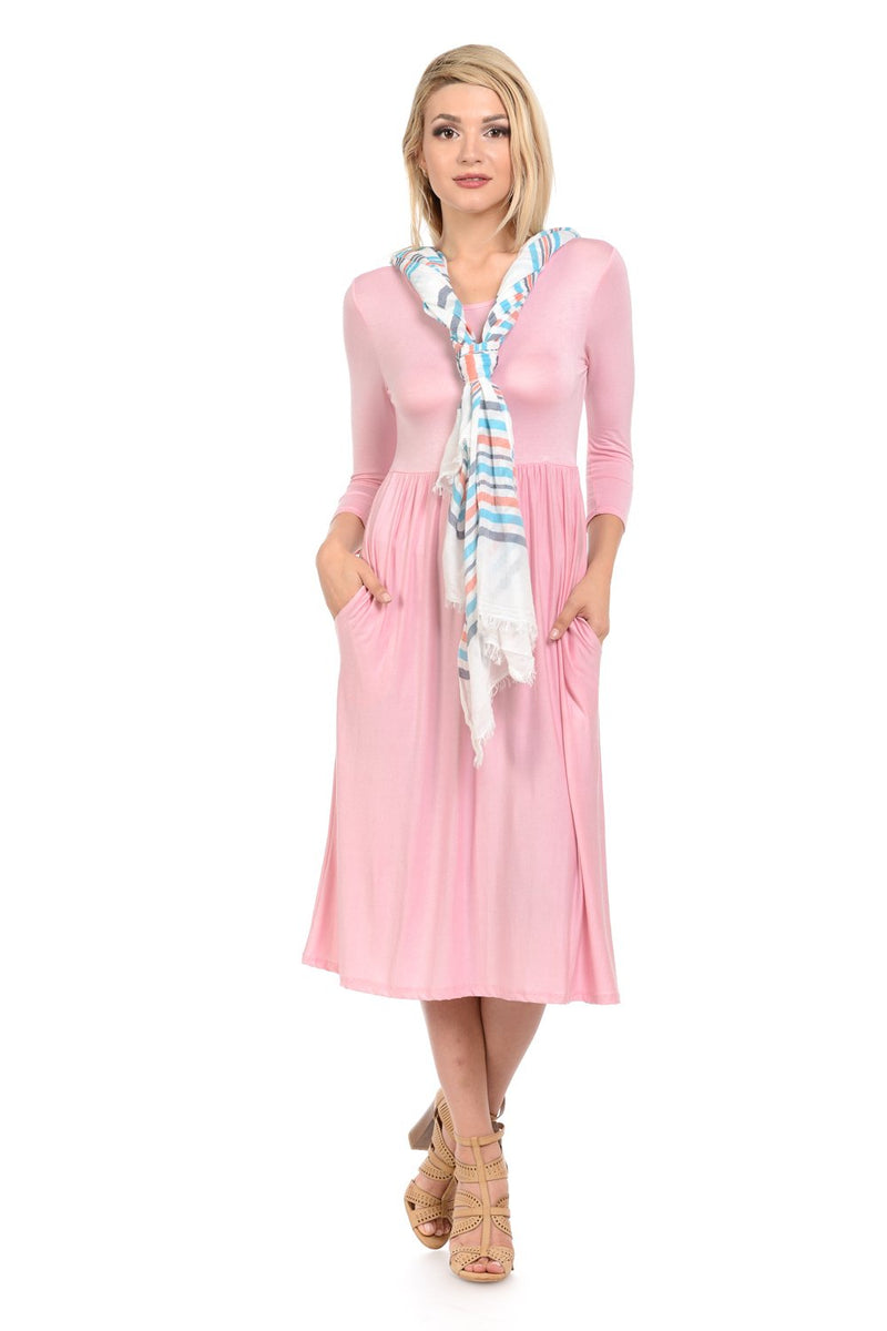 Fit and Flare Midi Dress with Pockets in Solid