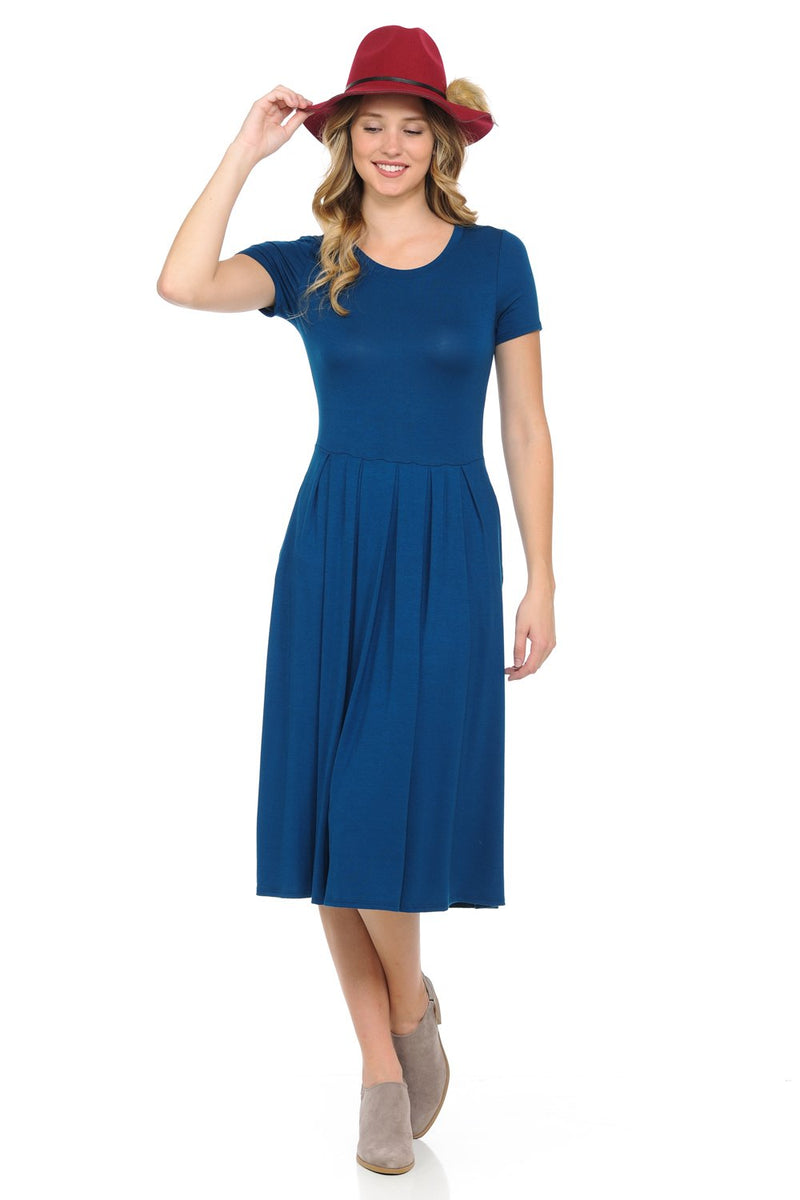 Short Sleeve Pleated Midi Dress with Pockets