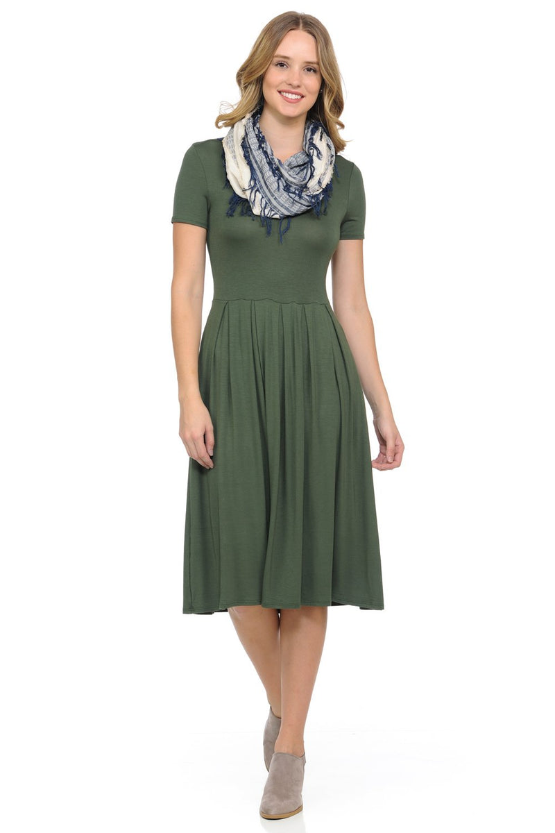 Short Sleeve Pleated Midi Dress with Pockets