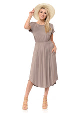 Short Sleeve Flare Midi Dress with Pockets Solid