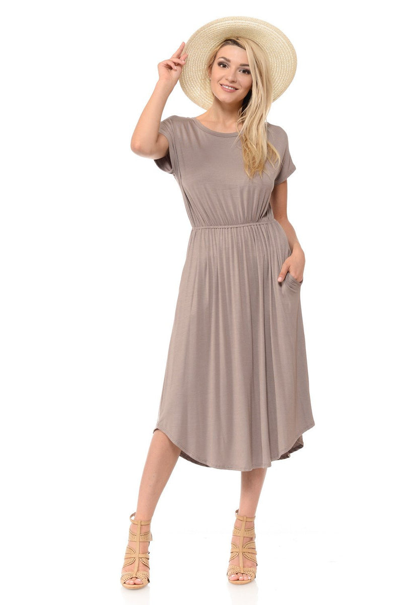 Short Sleeve Flare Midi Dress with Pockets Solid