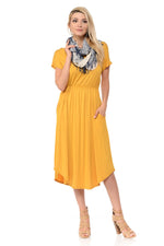 Short Sleeve Flare Midi Dress with Pockets Solid