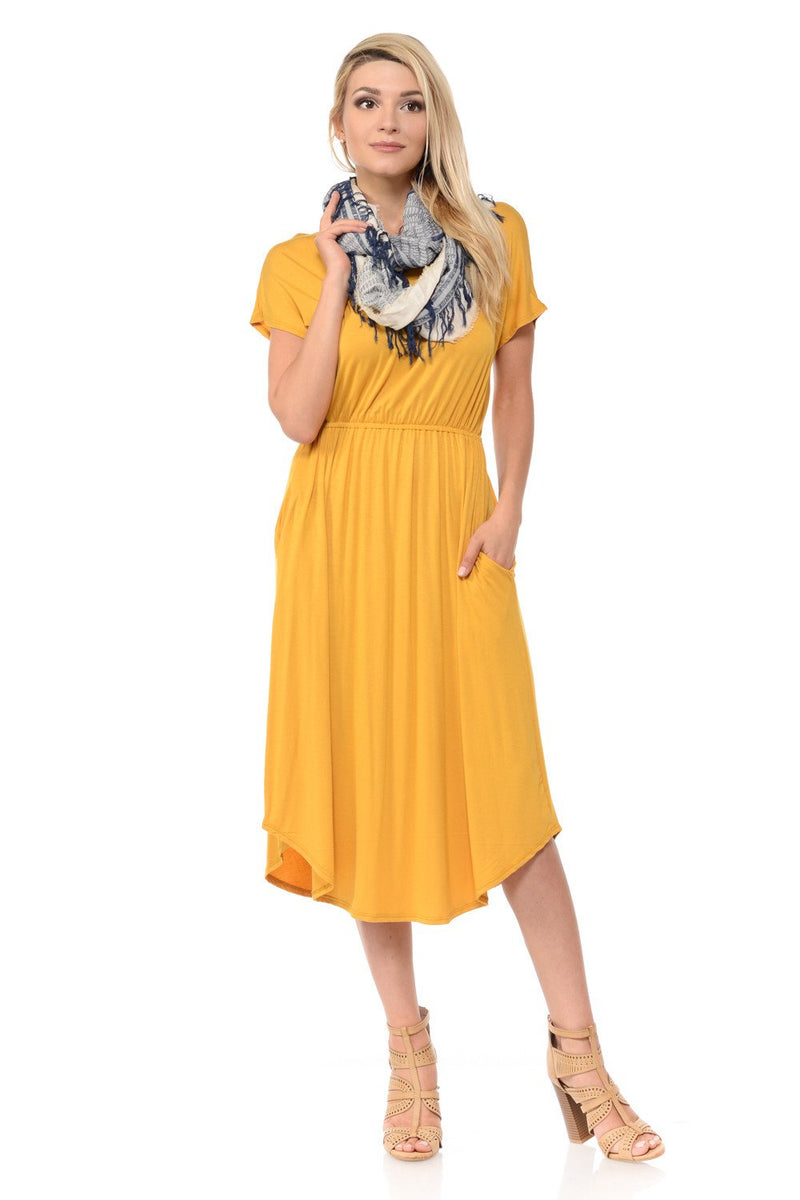 Short Sleeve Flare Midi Dress with Pockets Solid